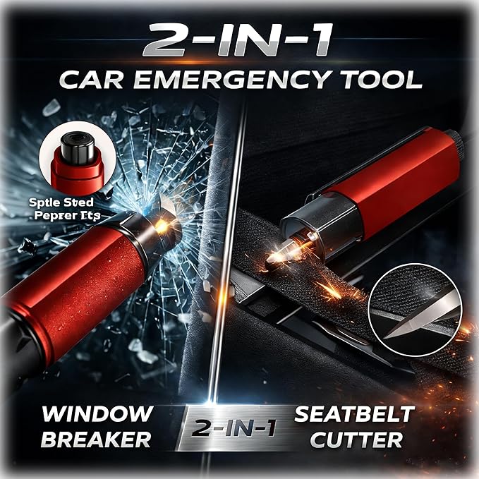Car Window Breaker & Seatbelt Cutter, Japan-Seki Vacuum Heat-Treated Stainless Steel Spring Loaded Safety Hammer, Underwater 