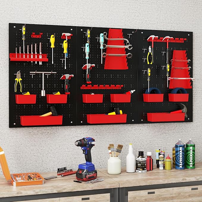 Goplus Pegboard Wall Organizer, 9-Bin Parts Rack Organizer w/Hammer Racks, Tool Holders & Hooks, Heavy-Duty Utility Tool Stor