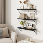 Floating Bookshelf with Brackets, Black Floating Shelves, 24 inch Wall Shelves Set of 3, Particle Board Wooden Shelf for Kitc