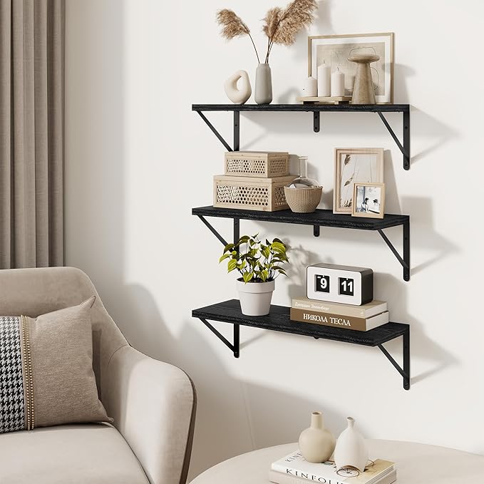 Floating Bookshelf with Brackets, Black Floating Shelves, 24 inch Wall Shelves Set of 3, Particle Board Wooden Shelf for Kitc
