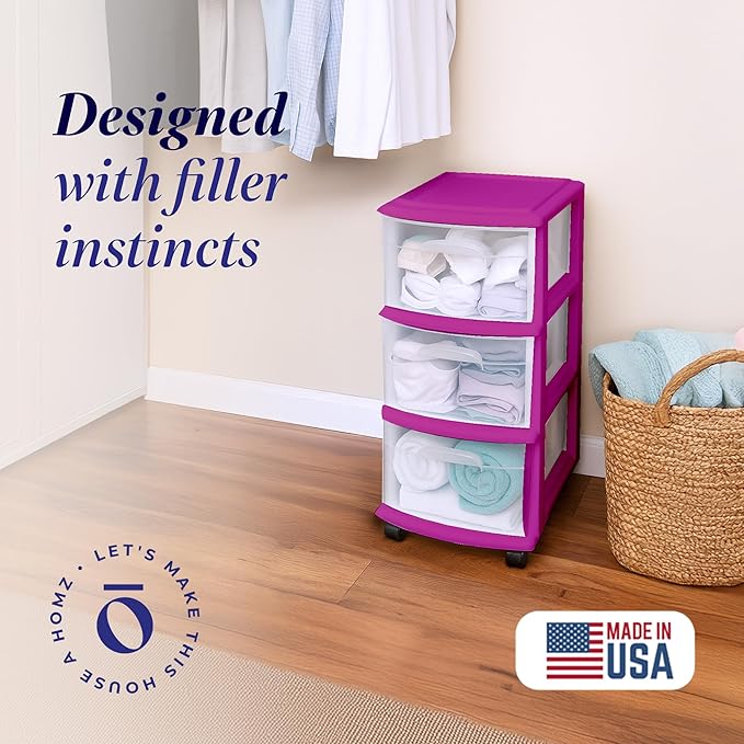 HOMZ Drawer Tower, 3-Tier Clear Plastic Storage Organizer Cart, Purple Frame - Rolling Drawer Containers with Wheels for Bath