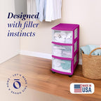 HOMZ Drawer Tower, 3-Tier Clear Plastic Storage Organizer Cart, Purple Frame - Rolling Drawer Containers with Wheels for Bath