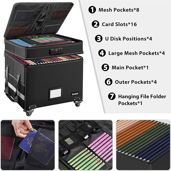 DocSafe Fireproof Document Box with Lock,2-Layer File Box with Wheels,Collapsible File Storage Organizer with Pockets,Large P