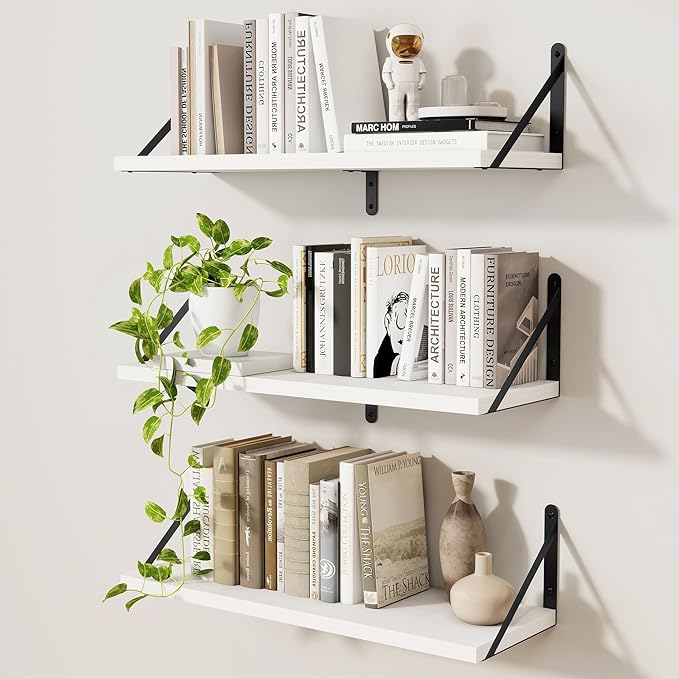 Wall Shelf, Floating Book Shelves with Brackets, 24 inch White Shelves Set of 3, Particle Board Wooden Shelf for Kitchen, Bat