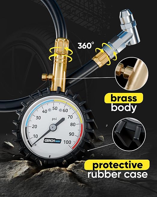 Tire Pressure Gauge 100 PSI - Large Dial Numbers & 45° Angle Chuck, Accurate Air Pressure Gauge for Tires
