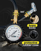 Tire Pressure Gauge 100 PSI - Large Dial Numbers & 45° Angle Chuck, Accurate Air Pressure Gauge for Tires