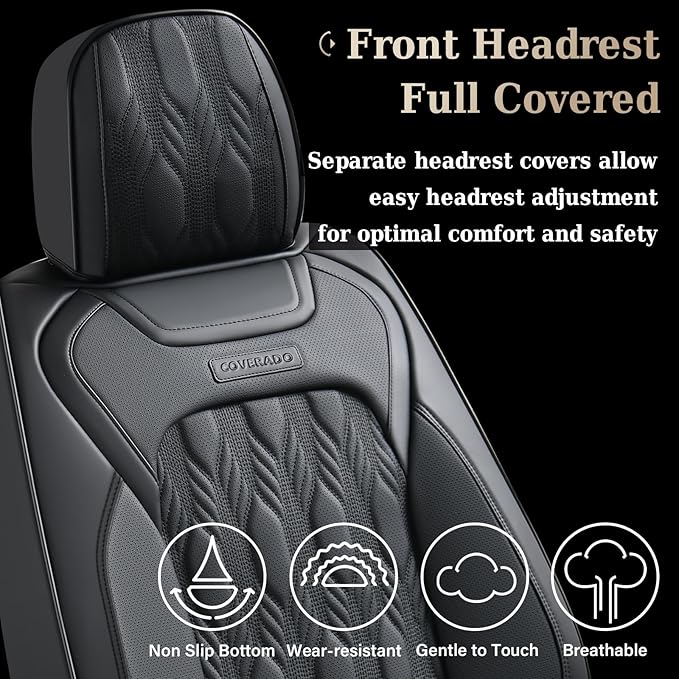 Coverado Car Seat Cover, Black Seat Cover for Cars, Luxury Leather Seat Covers Full Set with Embossed Pattern, Waterproof Car
