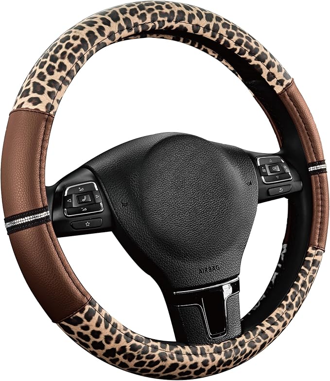 Road Comforts Leopard Steering Wheel Cover for Women, Cute Anti-Slip Microfiber Leather, Universal Fit 14.5-15 Inch Round Ste