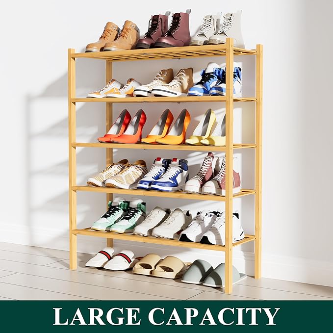Smiry Shoe Rack, 5 Tier Bamboo Shoe Organizer, Stackable Free Standing Wooden Shoe Storage Shelf for Closet, Entryway, Front 