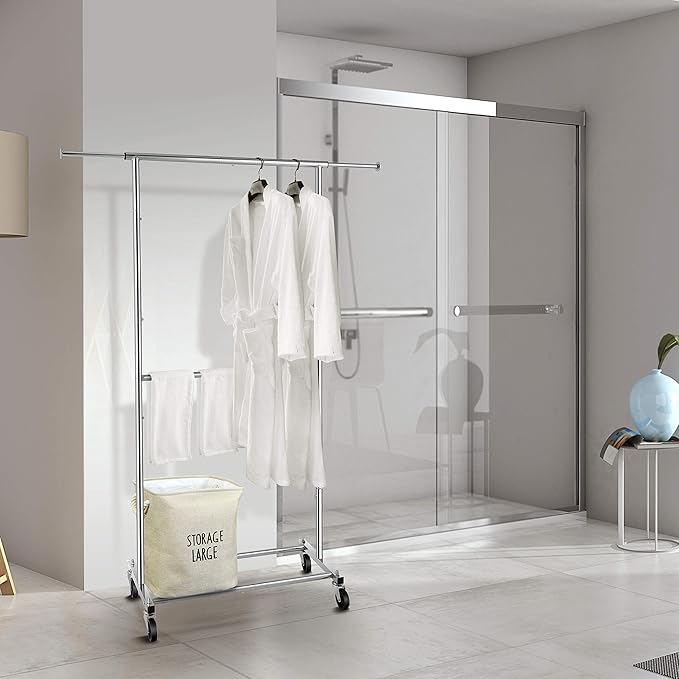 Simple Trending Double Rod Clothing Garment Rack, Rolling Clothes Organizer on Wheels for Hanging Clothes, Chrome