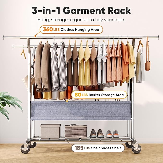HOKEEPER Clothing Rack Heavy Duty Clothes Rack for Hanging Clothes Load 625LBS Extendable Double Rod Clothes Rack, Adjustable