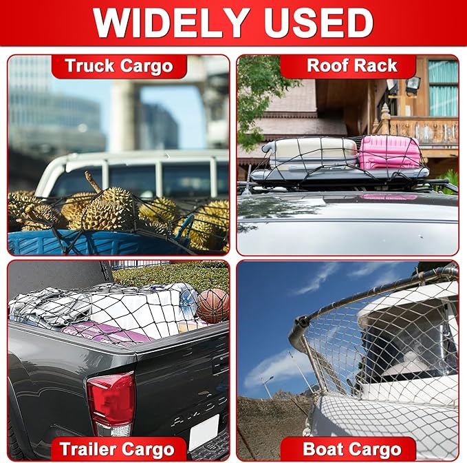 4’x6’ Truck Cargo Net Expands to 8' x 12' with 4"x4" Mesh Grid Super Duty Bungee Heavy Duty Bed Netting for Truck Bed Stretches with 12 Adjustable Metal Carabiners by Cenipar