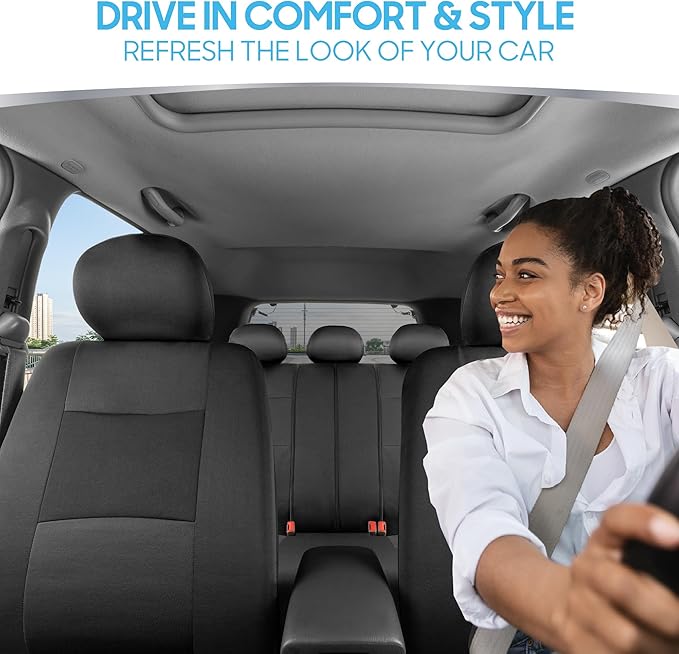 BDK PolyPro Car Seat Covers Full Set in Charcoal on Black – Front and Rear Split Bench Seat Covers for Cars, Easy to Install 