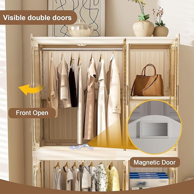 Portable Wardrobe Closet Storage Organizer, Foldable Armoire Wardrobe Closet with 2 Hanging Rods, 6 Magnetic Doors-6 Cubes an