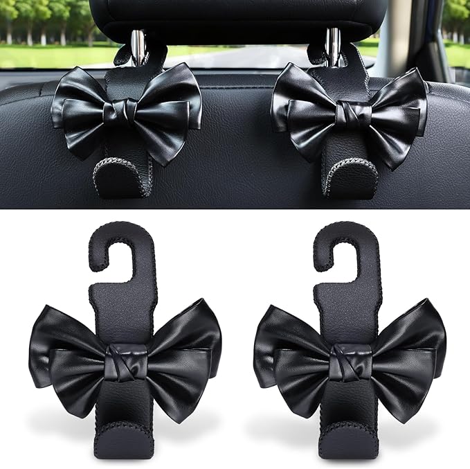 Car Seat Headrest Hooks, Leather Cute Bow Vehicle Hooks for Purses and Bags, Automotive Purse Hook Hanger Interior Decoration Accessories, Universal for SUV, Sedan, Truck (Black, 2 Pack)