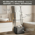 2-in-1 Leaning Blanket Ladder with Storage Basket, Matte Black Metal Towel Rack Stand, Drill-Free Space Saving Organizer for 