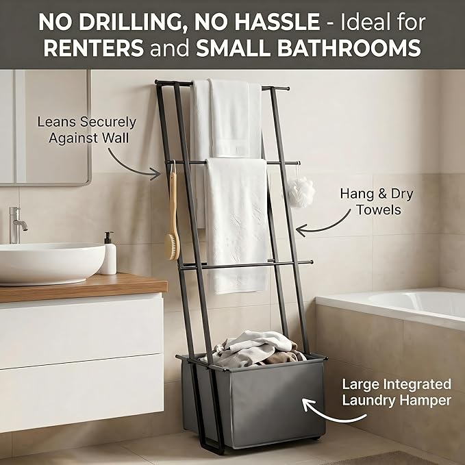 2-in-1 Leaning Blanket Ladder with Storage Basket, Matte Black Metal Towel Rack Stand, Drill-Free Space Saving Organizer for 