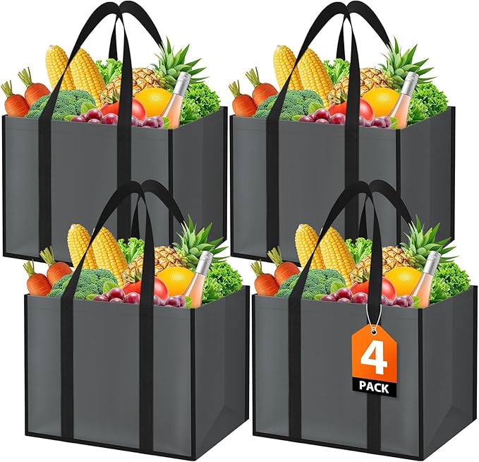 WISELIFE Reusable Grocery Bags with Handles - 4 Pack, 35L Large Shopping Bags for Groceries, Water-Resistant & Foldable Grocery Totes for Lasting Use for Kitchen, Market, Car Trunk, Picnic (Gray)