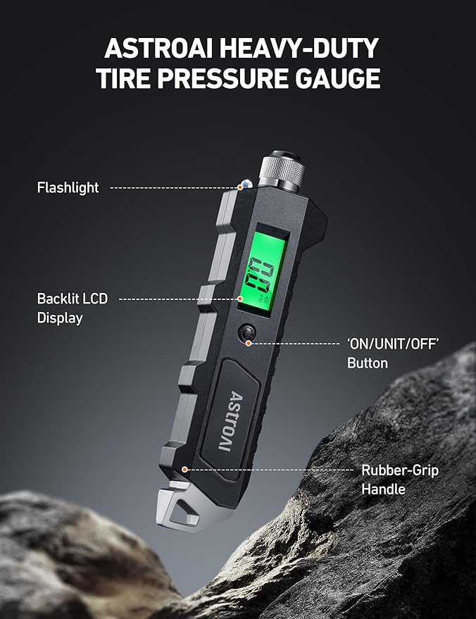 AstroAI Digital Tire Pressure Gauge, 230 PSI 4 Settings Heavy Duty for Car Bicycle with Larger Backlit LCD Flashlight and Non-Slip, Black