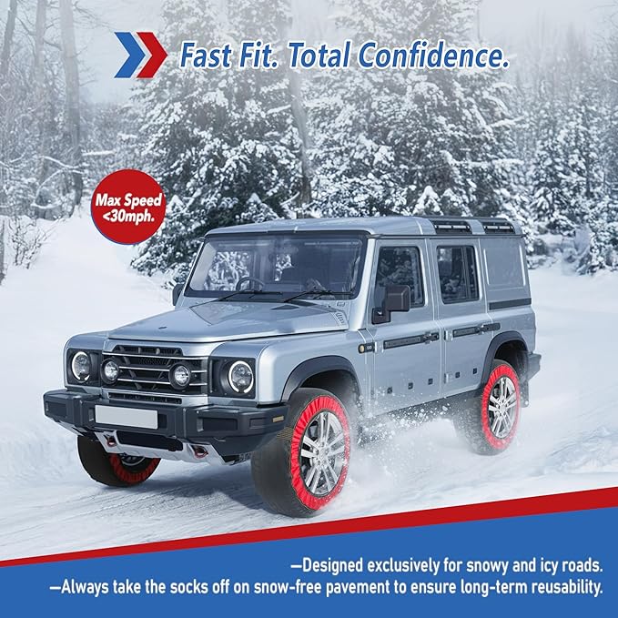 Automotive Snow Socks for Tire Red XXL Textile Snow Chains Fabric Car Chains, 2 Pairs of Gloves Winter Accessories SUV Trucks