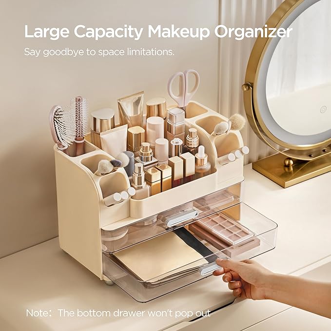 HBlife Makeup Organizer for Vanity with Brush Holder, Large Bathroom Countertop Cosmetic Organizer Skin Care Storage, Easy to