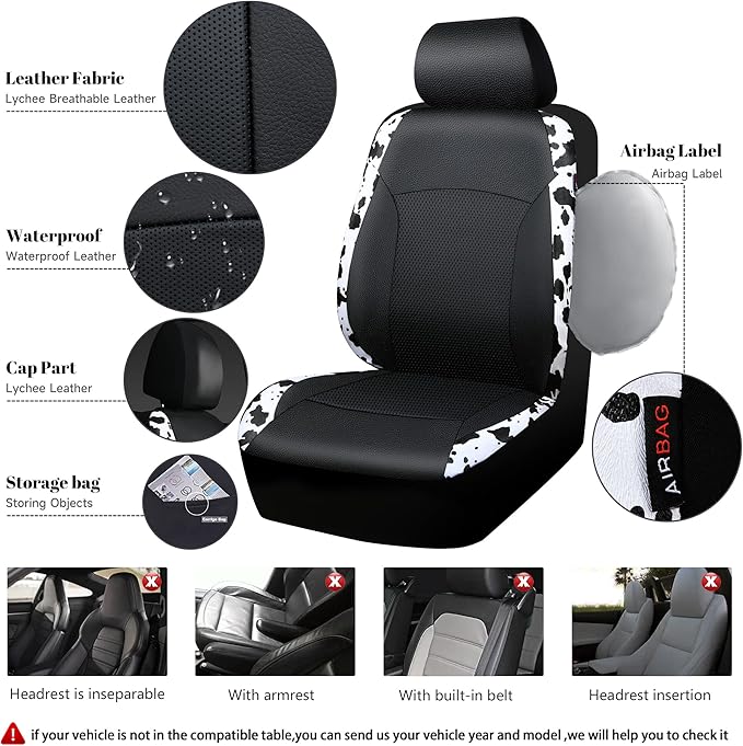 CAR-PASS Cow Print Car Accessories Sets Faux Leather Car Seat Covers & Cow Car Mats & Cow Steering Wheel Cover Seat Belt Pads