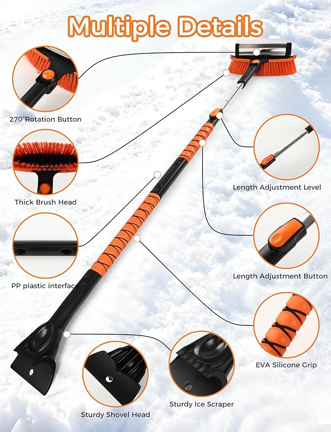 57" Extendable Ice Scrapers for Car Windshield 2-in-1 Snow Brush for Car Snow Scraper for Car Snow Scraper and Drush with Ergonomic Foam Grip for Cars, Trucks, SUVs with 360� Pivoting Brush Head
