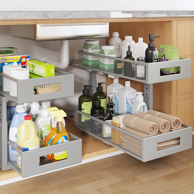 2 Packs 19IN Depth Under Sink Organizer, 2-Tier Pull Out Cabinet Organizer With Smooth Circular Rail, Large Capacity Metal Me