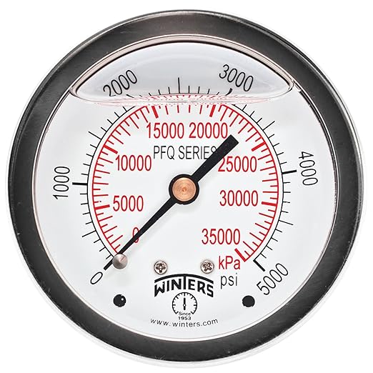 Winters 2-1/2" Dial Size, Liquid Filled Industrial Pressure Gauge, Brass Internals, Stainless Steel Case, Dual Scale 0-5,000 psi/kPa, 1.5% Acc, 1/4" NPT Back Mount, Glycerin Filled Pressure Gauge