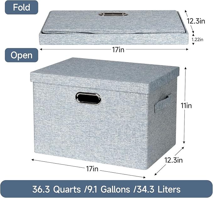 Graciadeco Large 17" 36 Quart Collapsible Stackable Storage Bins with Lids, 3 Packs Blue-Grey Linen Fabric Closet Boxes with 