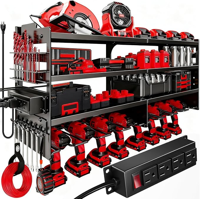 33" W Power Tool Organizer with Charging Station, 4 Layers Heavy Duty Metal Tool Storage Rack Wall Mount 8 Cordless Drill Hol