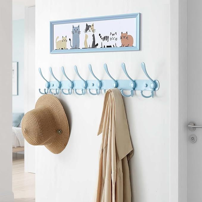 Dseap Coat Rack Wall Mount - 29.5” Long 8-Tri-Hooks Heavy Duty Coat Hanger Rail Wall Hooks for Hanging Coats Hats Clothing Cl
