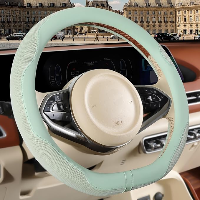 Nappa Leather Green D Shape Steering Wheel Cover, Advanced Microfiber Leather Non-Slip Breathable Fabric, Warm in Winter and 