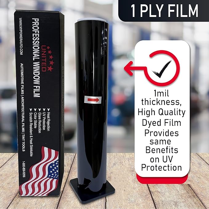 United Universal Black 1Ply Window Tint Film - 20" x100', 20% VLT Dyed PET Film, Deep Black Shade, 99% UV Block, Privacy & Interior Protection Film for Car, Truck, SUV, Home – Heat & Glare Control