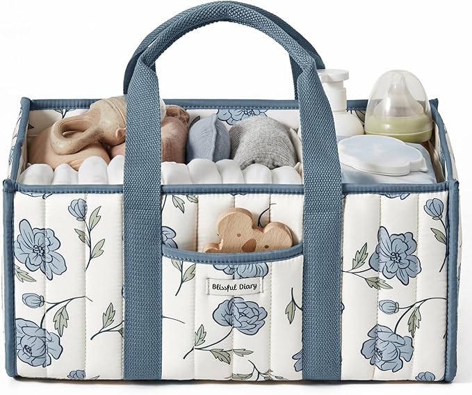 Blissful Diary Floral Diaper Caddy Organizer, Stylish Nursery Storage Basket, Gift for Baby Shower, Newborn Essentials, Peony