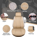 CAR PASS Beige Leather Bling Car Seat Covers Full Set, Luxury Microfiber Nappa PU Cushioned, Waterproof Anti-Slip Universal F