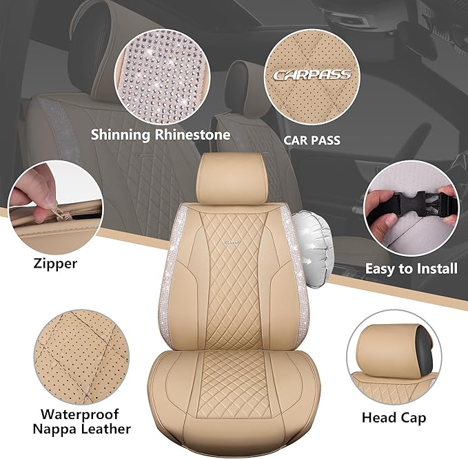 CAR PASS Beige Leather Bling Car Seat Covers Full Set, Luxury Microfiber Nappa PU Cushioned, Waterproof Anti-Slip Universal F