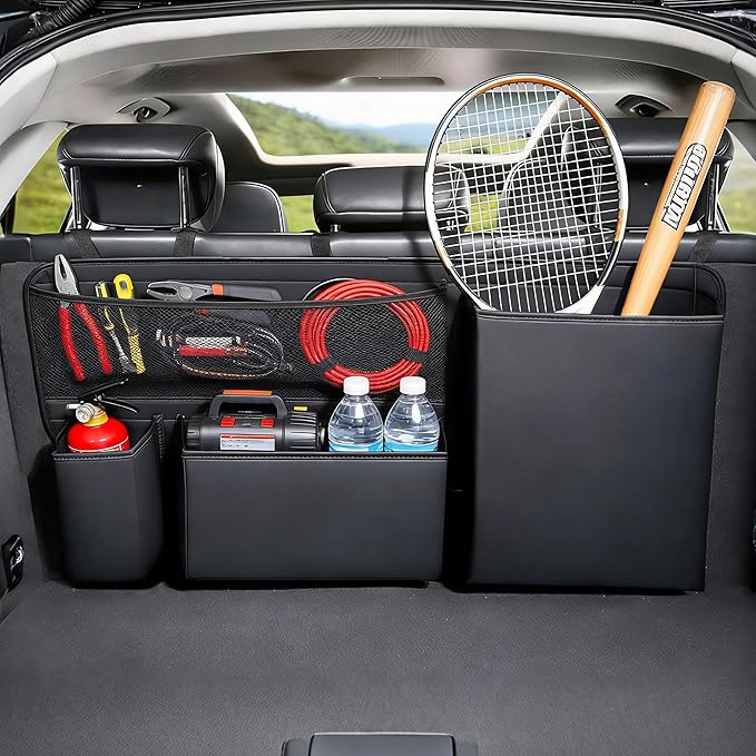 PU Leather Hanging Trunk Organizer - Sturdy Non-Sagging Car Trunk Organizer for SUV Sedan Truck - Waterproof Easy Clean