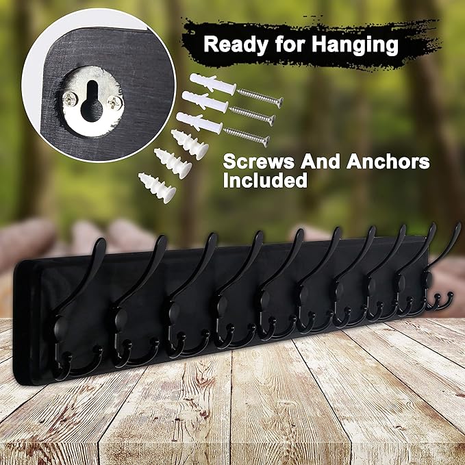 Dseap Coat Rack Wall - Heavy-Duty 38-1/4" Long, with Reinforced 10 Custom Tri-Hooks, Solid Wood Wall Hanger for Coats Hat Jac