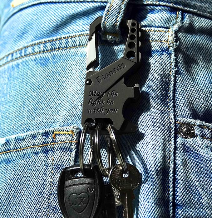 Hephis Skull Heavy Duty Key Chain,Car Emergency Escape Tool, Seat belt Cutter,Bottle Opener,Carabiner Car Key Chains
