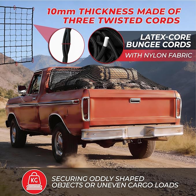 Heavy Duty Cargo Net for Pickup Truck Bed, 4x6 ft Stretches to 8x12 ft - 10mm Elastic Bungee Truck Bed Net with 12 Carabiners, Anti-Slip Gloves & Digital Guide for Trucks, SUV, Roof Rack