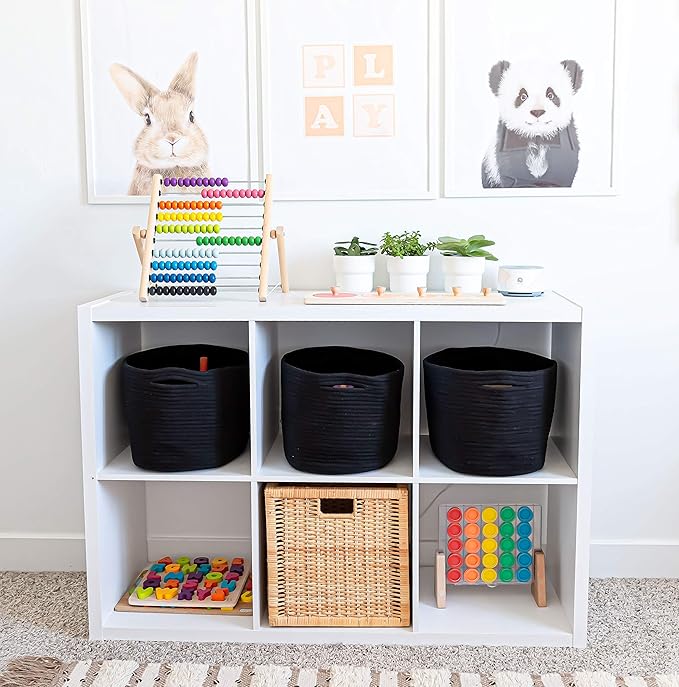 OrganiHaus Cotton Rope Basket for Shelf - Woven Storage Basket for Organizing, Closet & Toy Storage - Black - 15x9x10