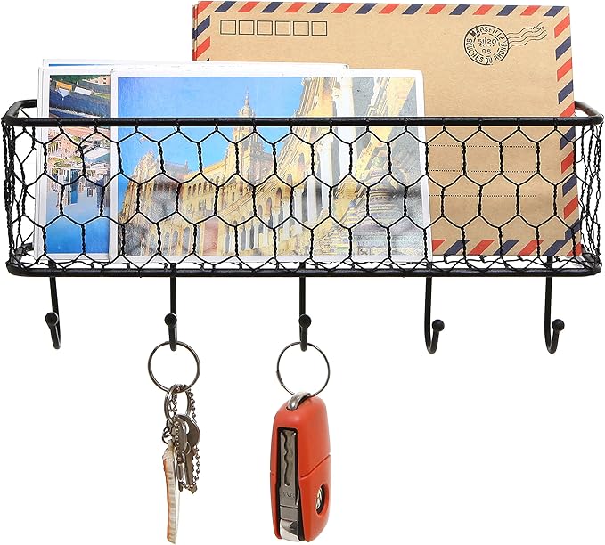 MyGift Wall Mounted Metal Entryway Mail Holder and Key Organizer Rack with 5 Hooks, Decorative Storage Basket and Hanger Hook