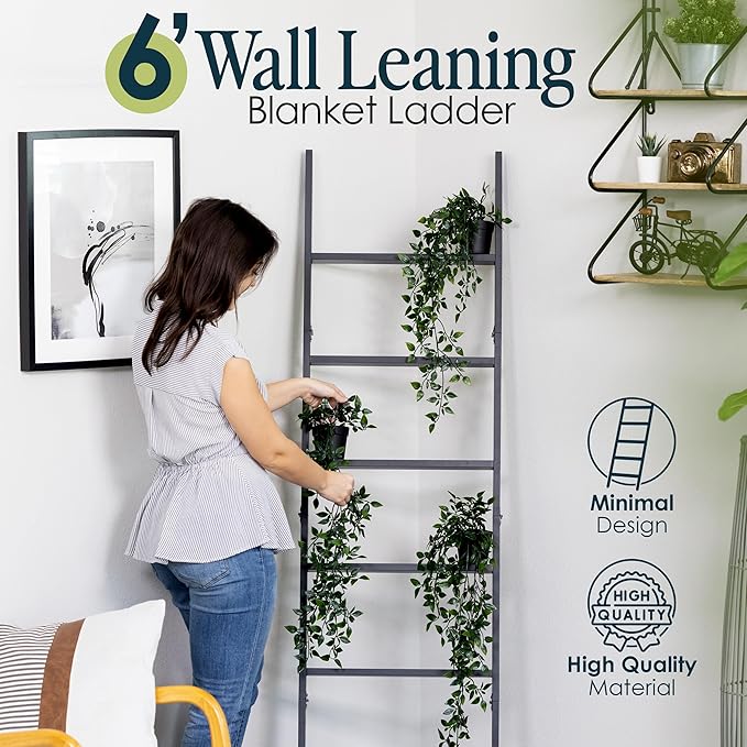 Blanket Ladder for The Living Room and Bedroom, 5ft 8 inch, 6-Tier Wall Leaning Laminate Snag Free Material (Black) Rustic De
