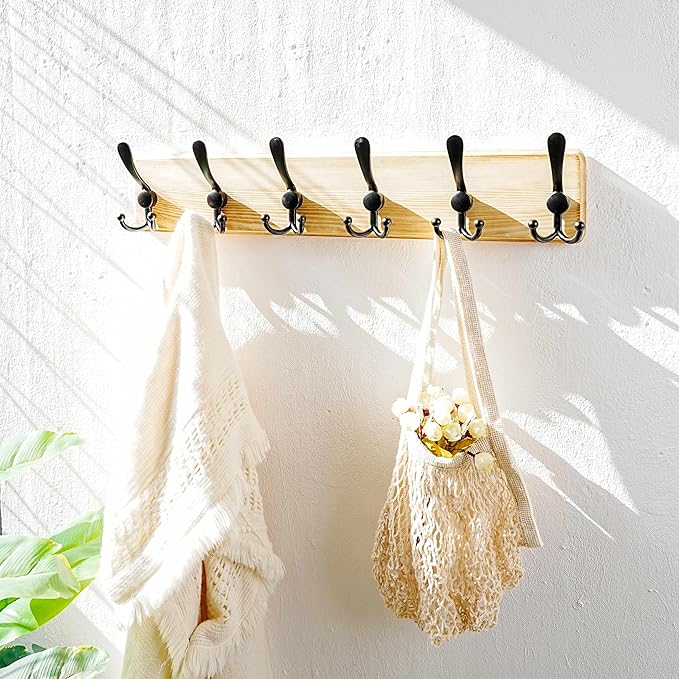 Dseap Coat Rack Wall Mounted - 24" Long 6 Tri Hooks, Heavy Duty Wooden Wall Coat Hanger Coat Hook for Clothes Hat Jacket Clot