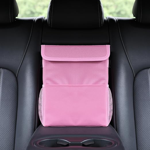 Car Garbage can with lid Leak Proof Vehicle Trash Can 3 Storage Pockets Hanging Waterproof car Trash Bag for SUV Pink
