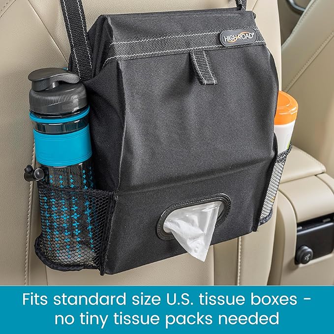 High Road Car Organizer with Car Trash Bin and Tissue Holder - Holds Full Size Tissue Box, Bottles and Wipe Containers - 2 Gal Leakproof Covered Trash Can with Push-Close Lid
