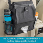 High Road Car Organizer with Car Trash Bin and Tissue Holder - Holds Full Size Tissue Box, Bottles and Wipe Containers - 2 Gal Leakproof Covered Trash Can with Push-Close Lid
