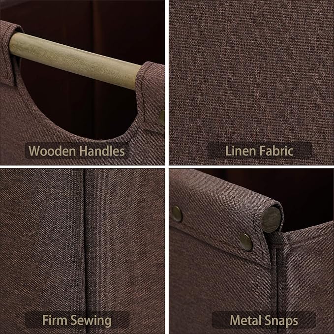 HOONEX Large Collapsible Storage Bins, Linen Fabric, 2 Pack, Storage Baskets with Wooden Carry Handles and Sturdy Heavy Cardb