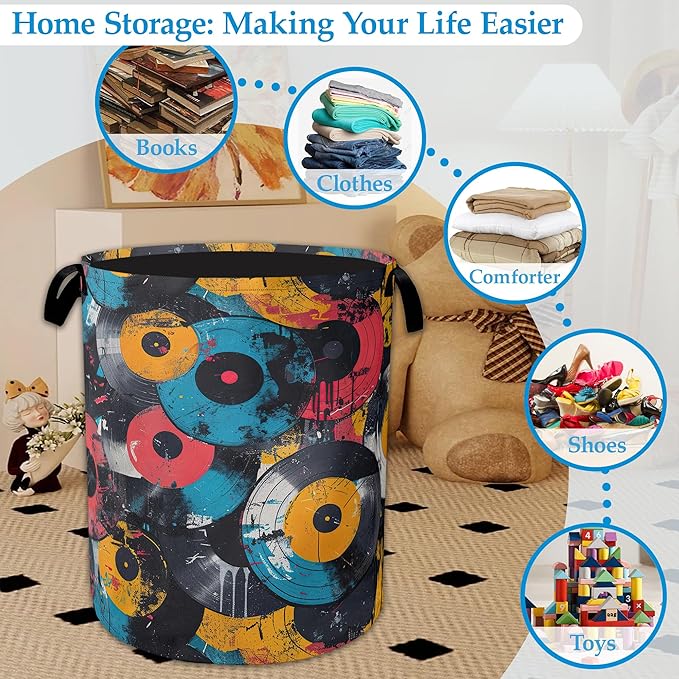 Music Graffiti Laundry Hamper Disc Collapsible Laundry Basket Clothes Toy Storage Bin for Bathroom Bedroom Room Decor 16 X 20